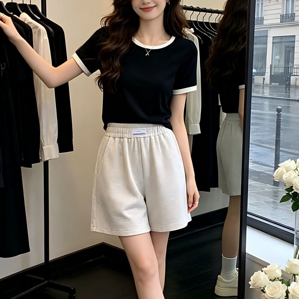 있음 선적 반팔 티셔츠 여성 여름 새로운 한국 스타일 작은 대중 디자인 센스 배색 핫걸 몸매 가꾸기 쇼트 스타일 이슬 뼈의 맨위 상세 이미지 6