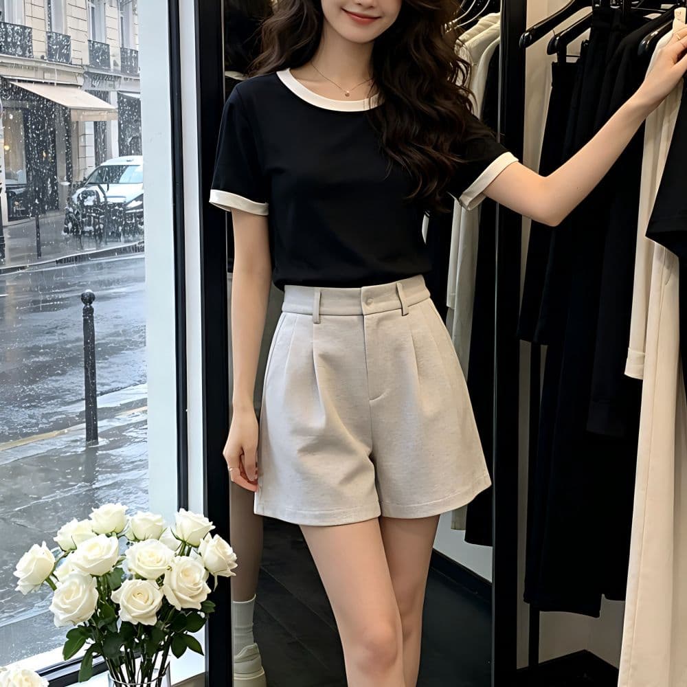 있음 선적 반팔 티셔츠 여성 여름 새로운 한국 스타일 작은 대중 디자인 센스 배색 핫걸 몸매 가꾸기 쇼트 스타일 이슬 뼈의 맨위 상세 이미지 8