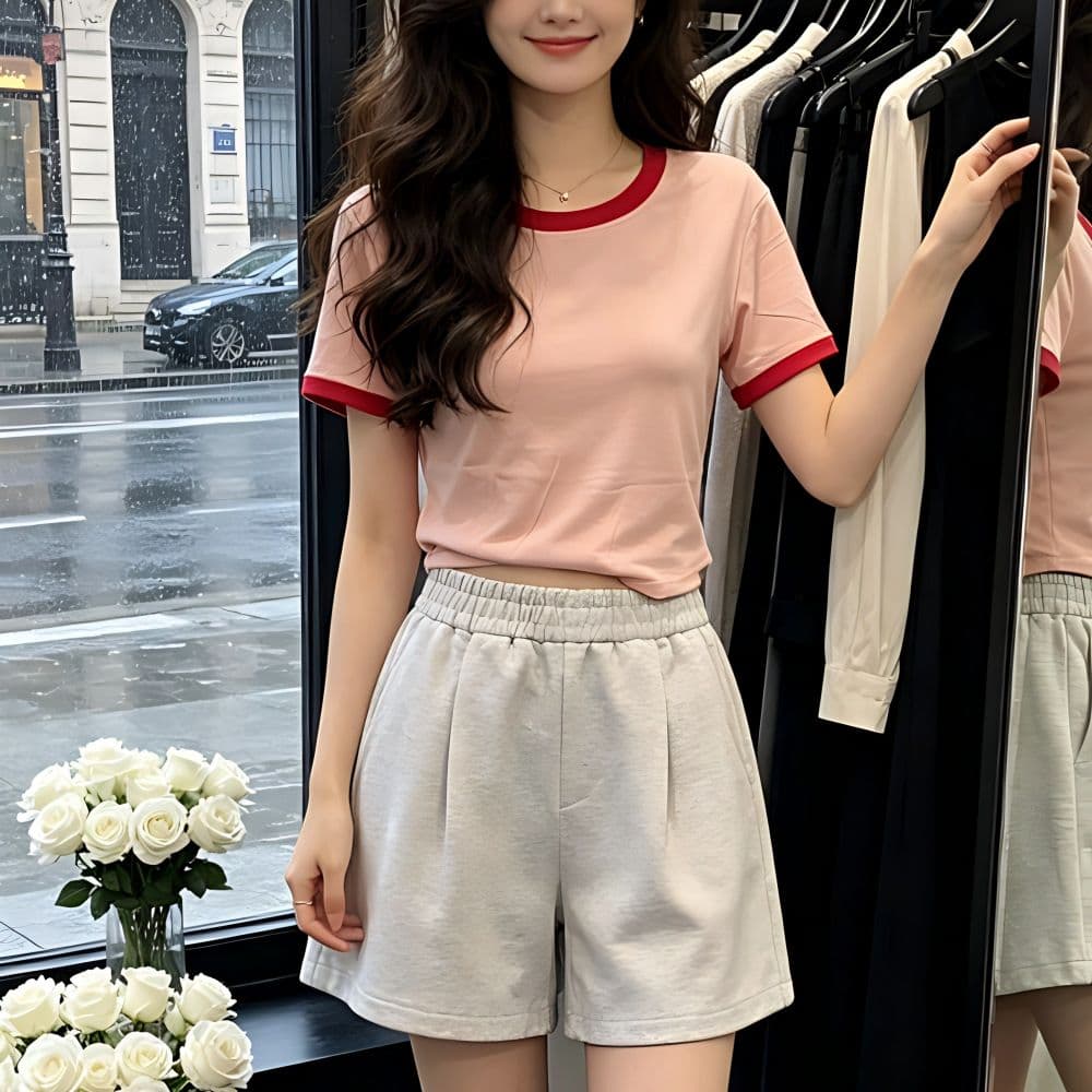 있음 선적 반팔 티셔츠 여성 여름 새로운 한국 스타일 작은 대중 디자인 센스 배색 핫걸 몸매 가꾸기 쇼트 스타일 이슬 뼈의 맨위 상세 이미지 9