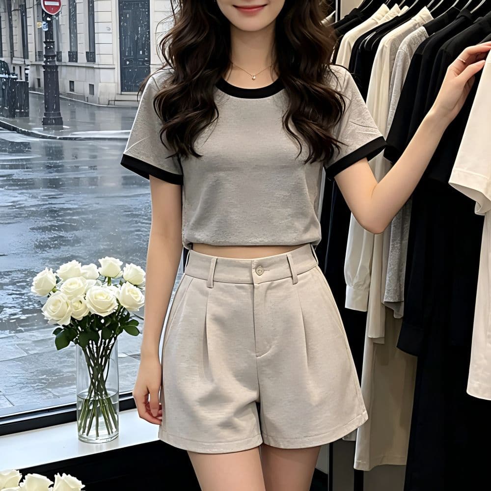 있음 선적 반팔 티셔츠 여성 여름 새로운 한국 스타일 작은 대중 디자인 센스 배색 핫걸 몸매 가꾸기 쇼트 스타일 이슬 뼈의 맨위 상세 이미지 10