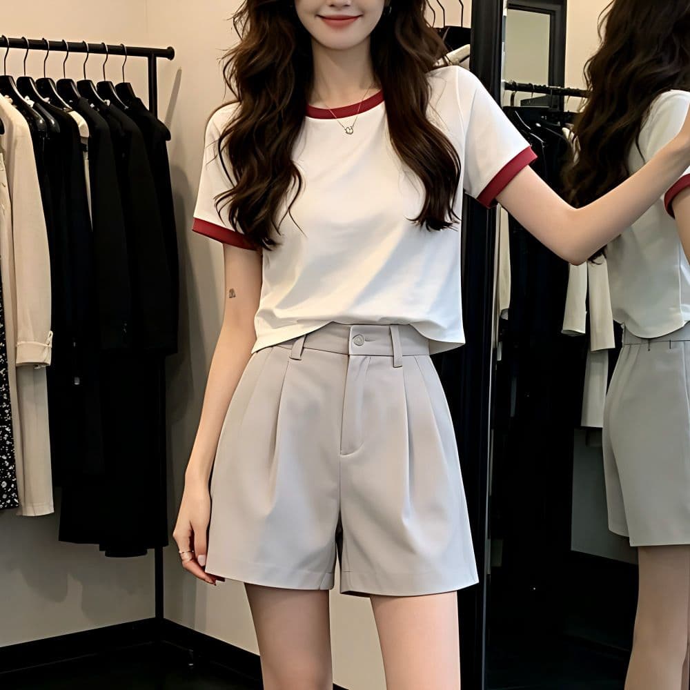 있음 선적 반팔 티셔츠 여성 여름 새로운 한국 스타일 작은 대중 디자인 센스 배색 핫걸 몸매 가꾸기 쇼트 스타일 이슬 뼈의 맨위 상세 이미지 12