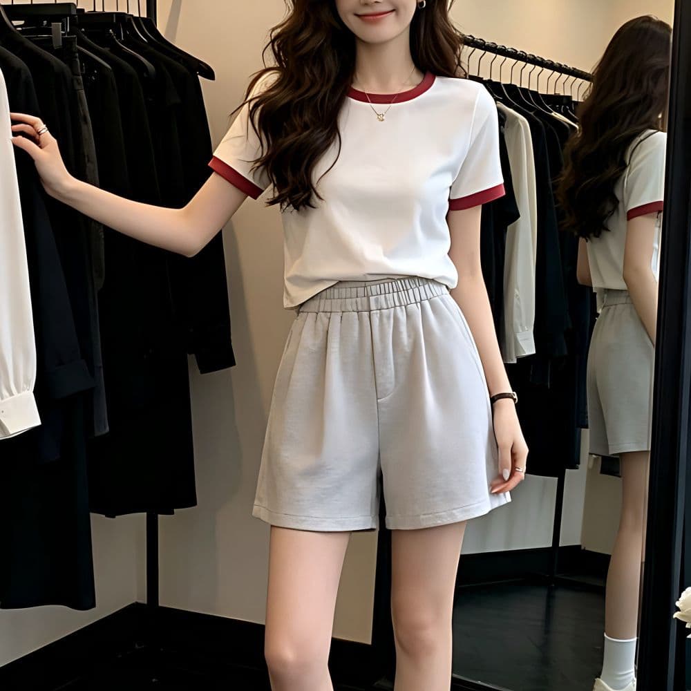 있음 선적 반팔 티셔츠 여성 여름 새로운 한국 스타일 작은 대중 디자인 센스 배색 핫걸 몸매 가꾸기 쇼트 스타일 이슬 뼈의 맨위 상세 이미지 13