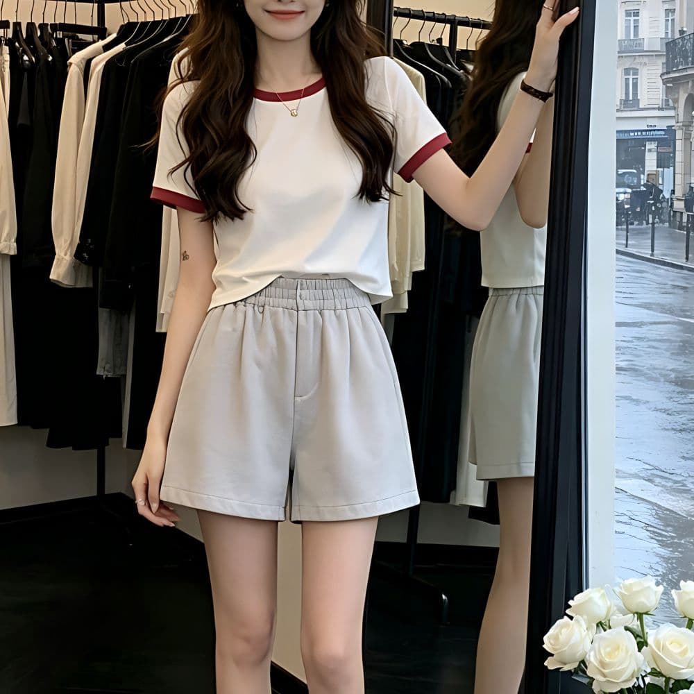있음 선적 반팔 티셔츠 여성 여름 새로운 한국 스타일 작은 대중 디자인 센스 배색 핫걸 몸매 가꾸기 쇼트 스타일 이슬 뼈의 맨위 상세 이미지 14
