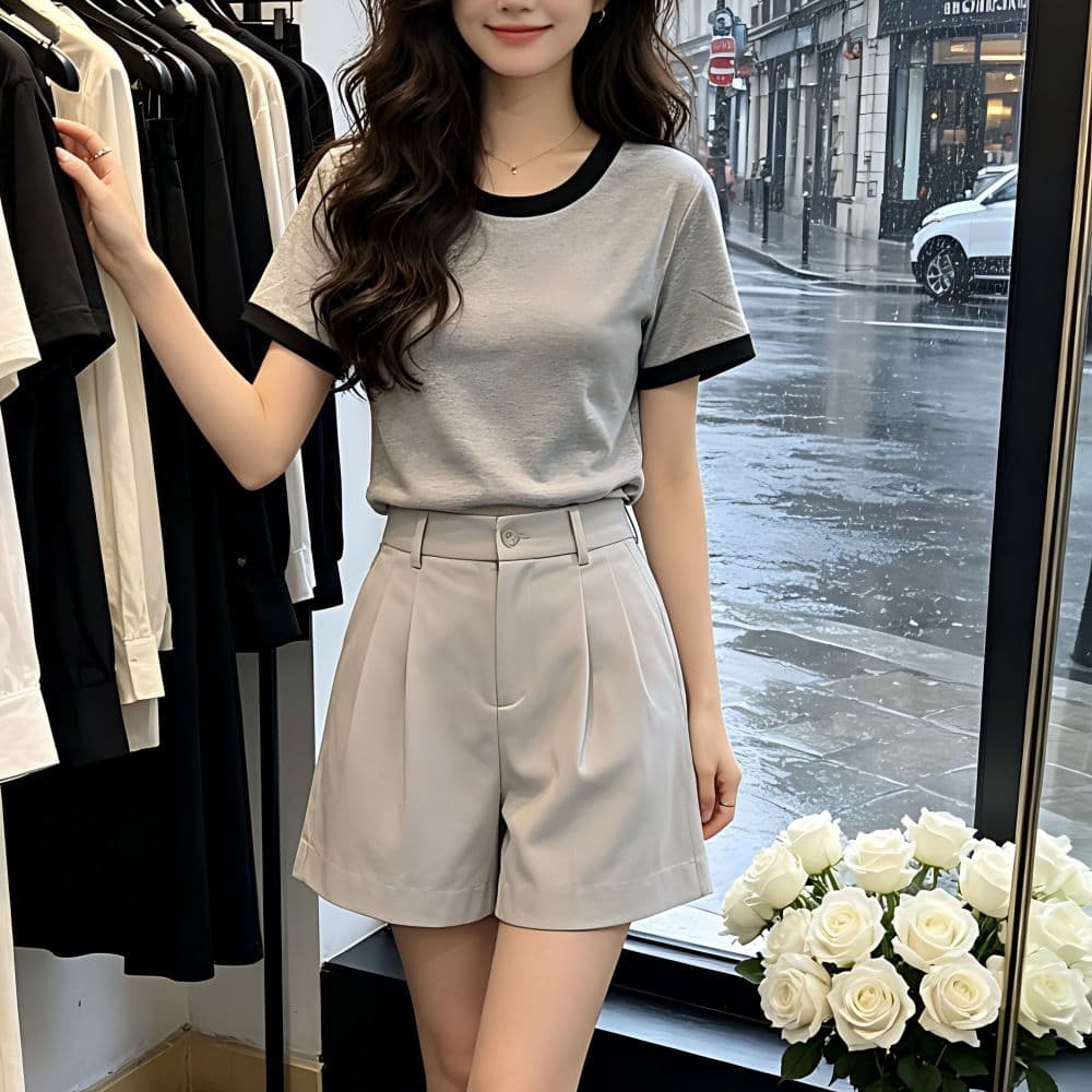 있음 선적 반팔 티셔츠 여성 여름 새로운 한국 스타일 작은 대중 디자인 센스 배색 핫걸 몸매 가꾸기 쇼트 스타일 이슬 뼈의 맨위 상세 이미지 16