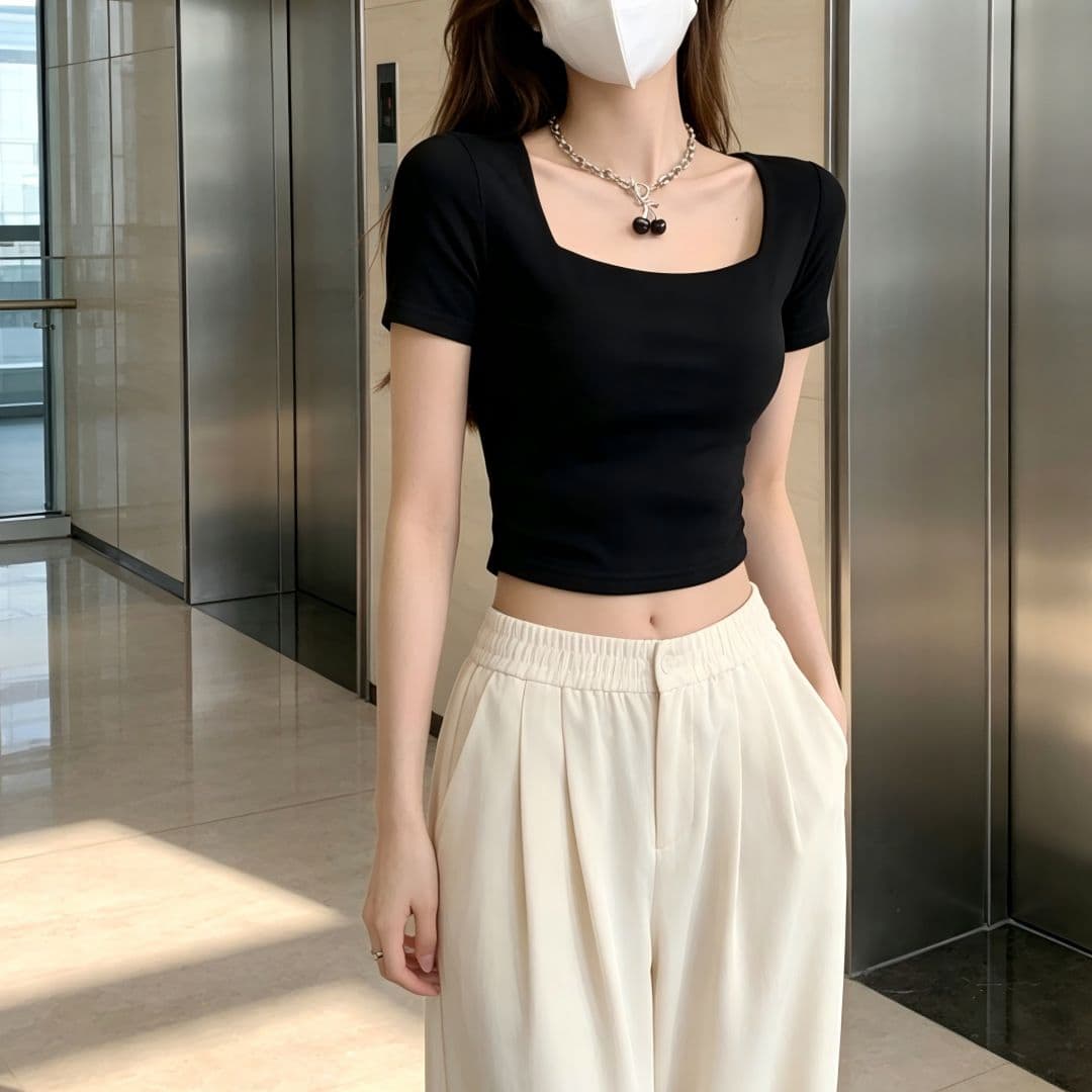 있음 선적 반팔 티셔츠 여성 여름 새로운 한국 스타일 디자인 센스 작은 대중 광장 칼라 소녀 몸매 가꾸기 쇼트 스타일 섹시함 맨위 상세 이미지 4