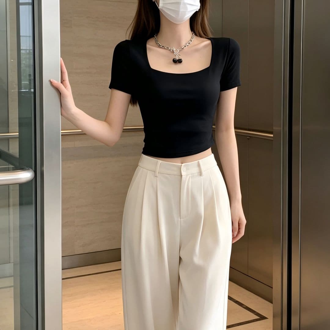 있음 선적 반팔 티셔츠 여성 여름 새로운 한국 스타일 디자인 센스 작은 대중 광장 칼라 소녀 몸매 가꾸기 쇼트 스타일 섹시함 맨위 상세 이미지 5