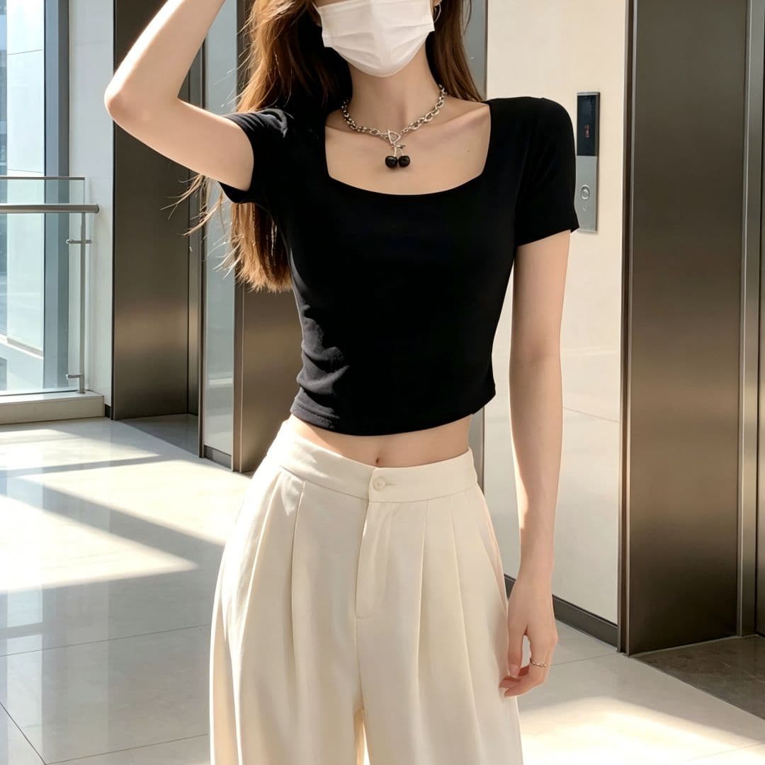 있음 선적 반팔 티셔츠 여성 여름 새로운 한국 스타일 디자인 센스 작은 대중 광장 칼라 소녀 몸매 가꾸기 쇼트 스타일 섹시함 맨위 상세 이미지 6