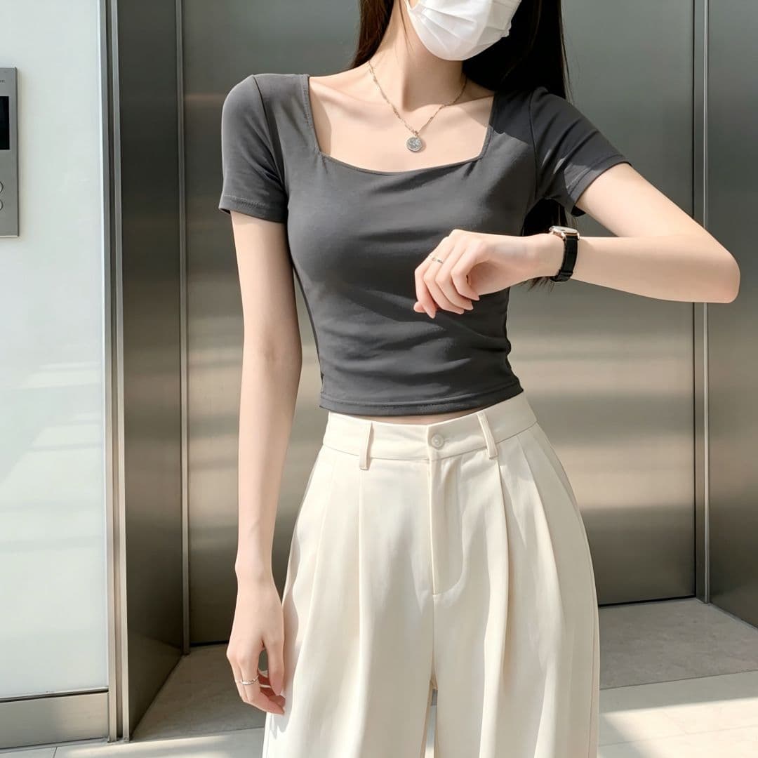 있음 선적 반팔 티셔츠 여성 여름 새로운 한국 스타일 디자인 센스 작은 대중 광장 칼라 소녀 몸매 가꾸기 쇼트 스타일 섹시함 맨위 상세 이미지 7
