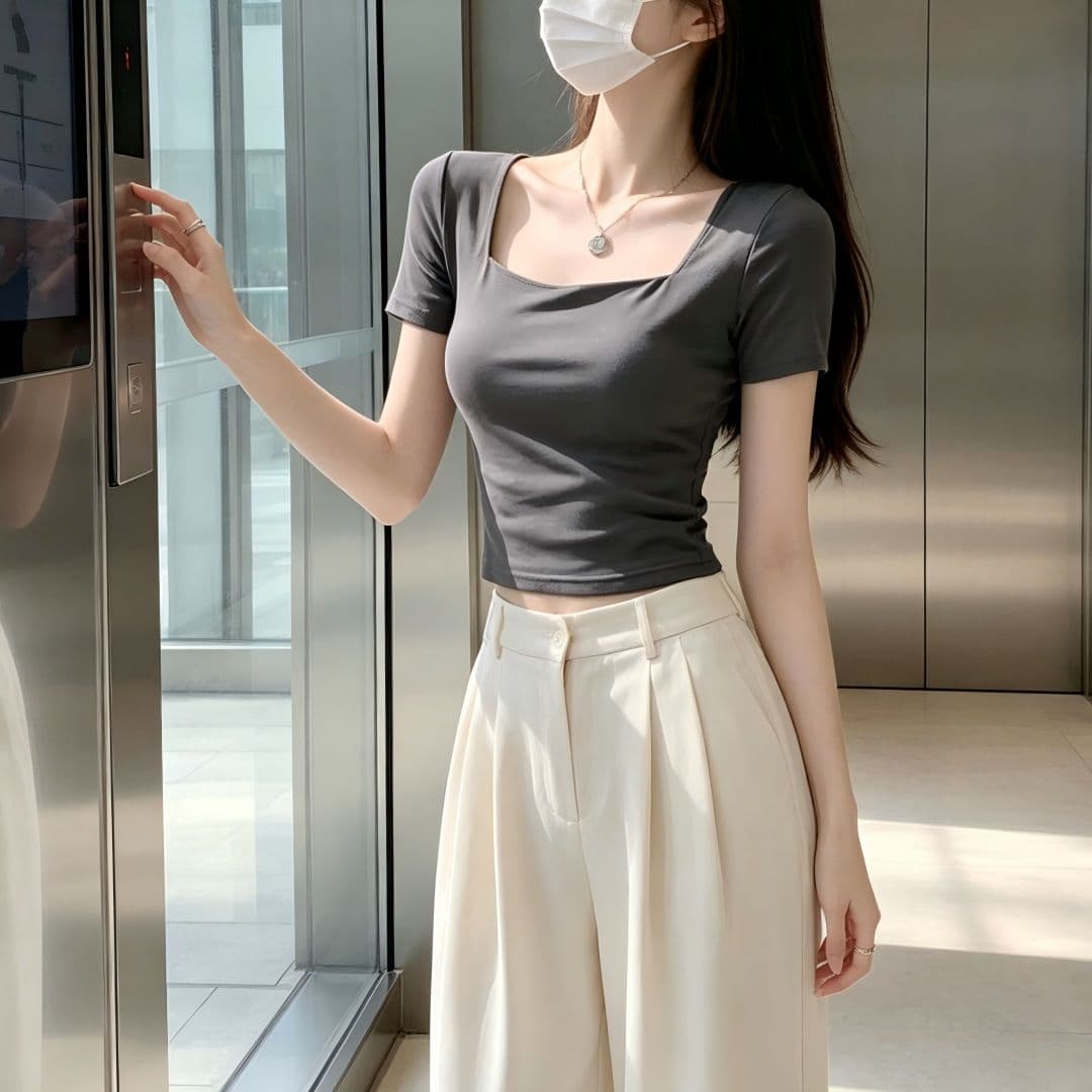 있음 선적 반팔 티셔츠 여성 여름 새로운 한국 스타일 디자인 센스 작은 대중 광장 칼라 소녀 몸매 가꾸기 쇼트 스타일 섹시함 맨위 상세 이미지 9