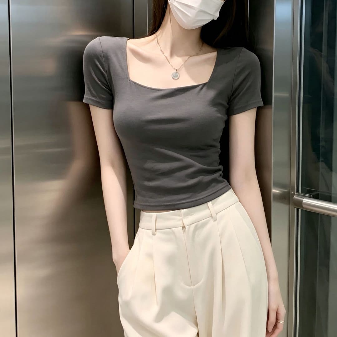있음 선적 반팔 티셔츠 여성 여름 새로운 한국 스타일 디자인 센스 작은 대중 광장 칼라 소녀 몸매 가꾸기 쇼트 스타일 섹시함 맨위 상세 이미지 10