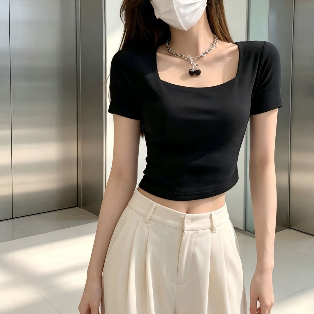 있음 선적 반팔 티셔츠 여성 여름 새로운 한국 스타일 디자인 센스 작은 대중 광장 칼라 소녀 몸매 가꾸기 쇼트 스타일 섹시함 맨위 상세 이미지 21