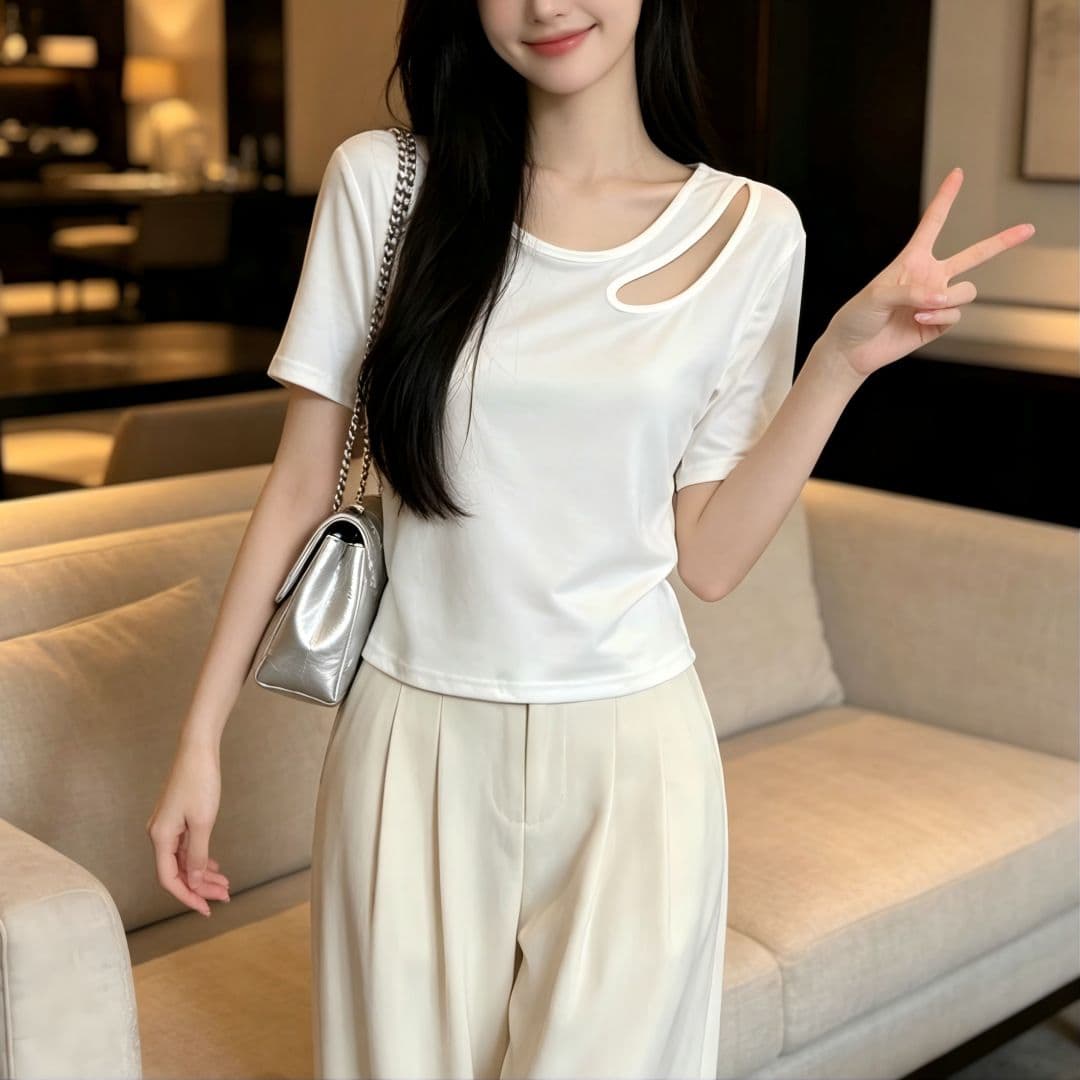 있음 선적 반팔 티셔츠 여성 여름 새로운 한국 스타일 디자인 센스 작은 대중 홀로우 아웃 소녀 몸매 가꾸기 섹시함 다용도 맨위 상세 이미지 2