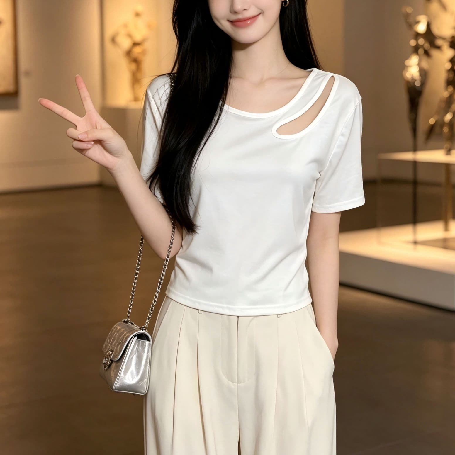 있음 선적 반팔 티셔츠 여성 여름 새로운 한국 스타일 디자인 센스 작은 대중 홀로우 아웃 소녀 몸매 가꾸기 섹시함 다용도 맨위 상세 이미지 3