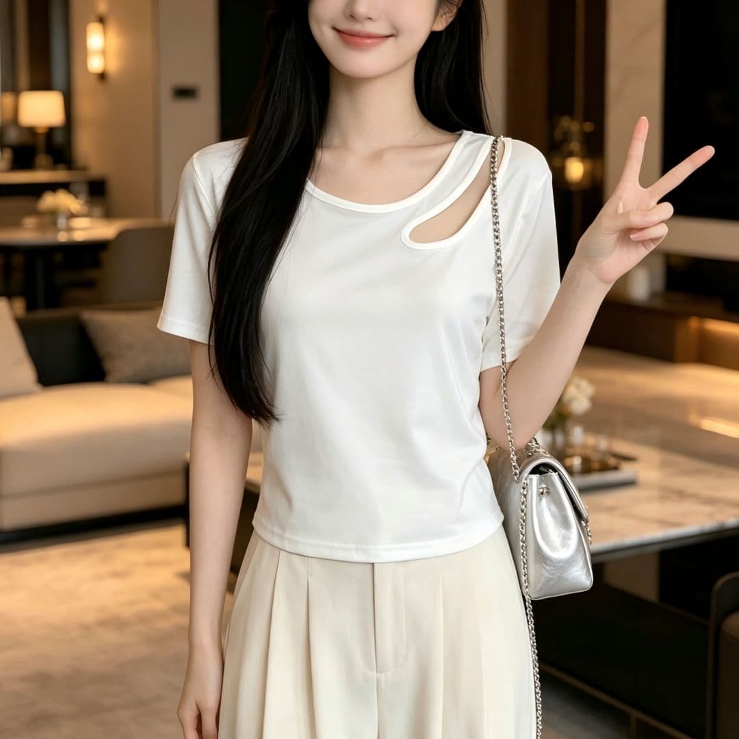 있음 선적 반팔 티셔츠 여성 여름 새로운 한국 스타일 디자인 센스 작은 대중 홀로우 아웃 소녀 몸매 가꾸기 섹시함 다용도 맨위 상세 이미지 4