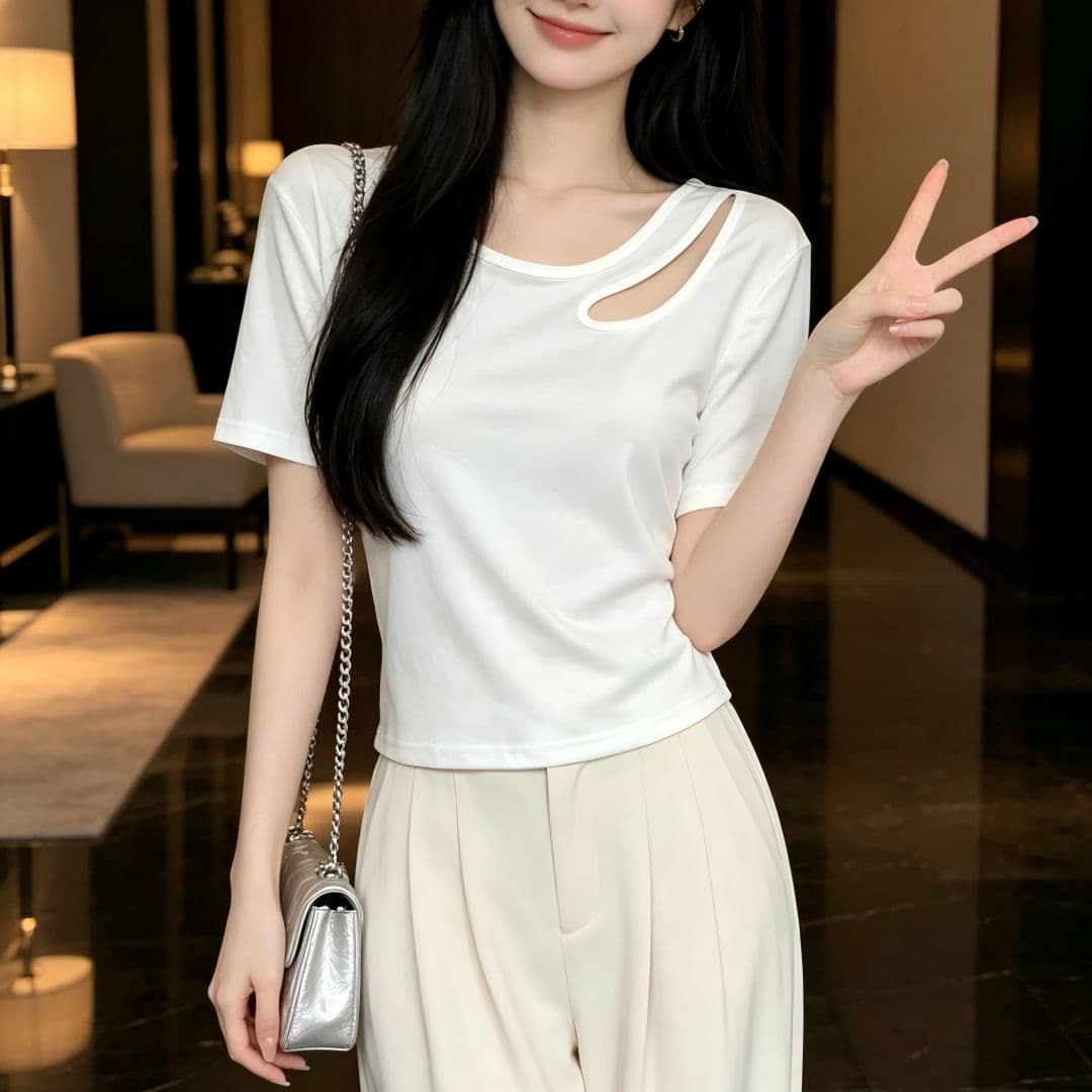 있음 선적 반팔 티셔츠 여성 여름 새로운 한국 스타일 디자인 센스 작은 대중 홀로우 아웃 소녀 몸매 가꾸기 섹시함 다용도 맨위 상세 이미지 5