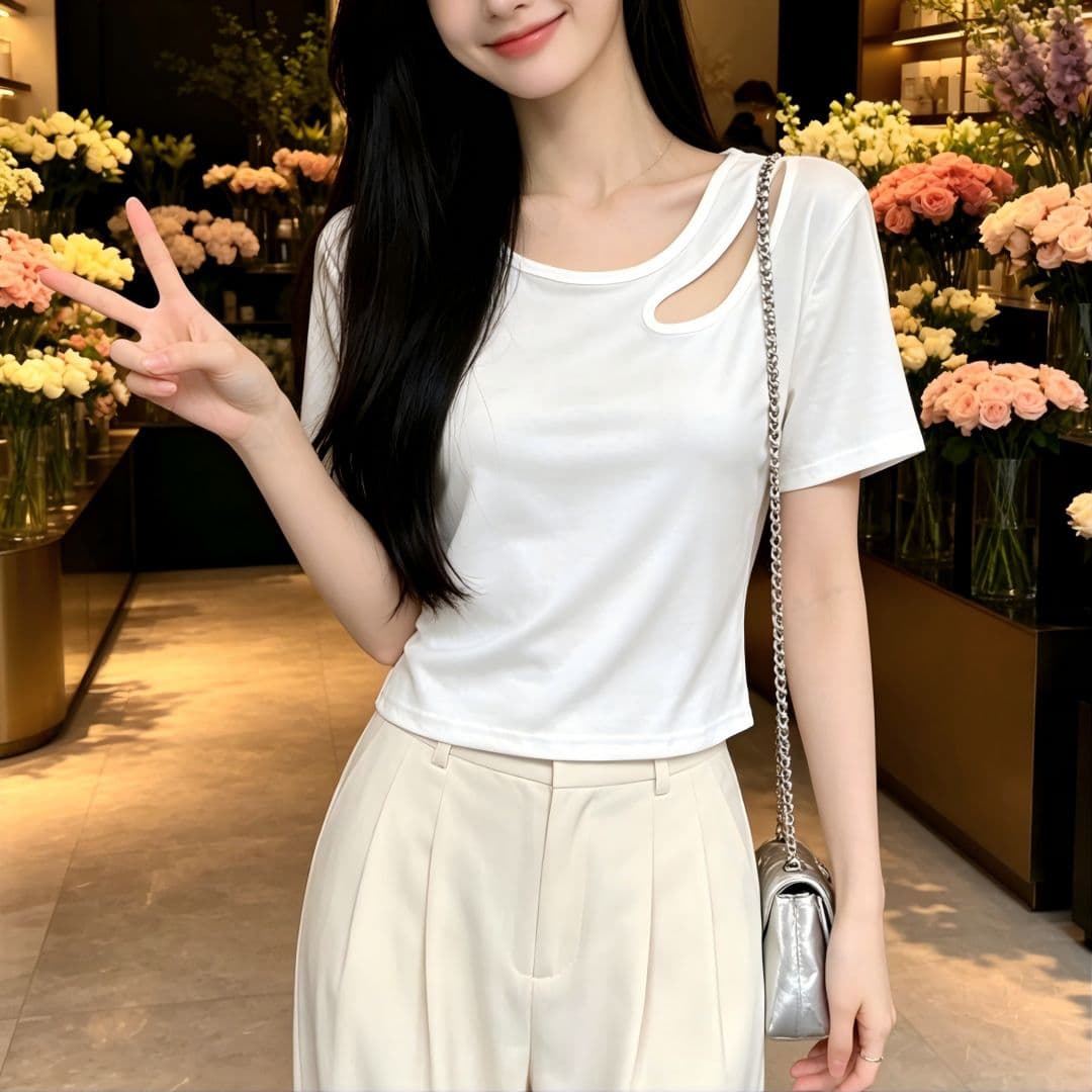 있음 선적 반팔 티셔츠 여성 여름 새로운 한국 스타일 디자인 센스 작은 대중 홀로우 아웃 소녀 몸매 가꾸기 섹시함 다용도 맨위 상세 이미지 6