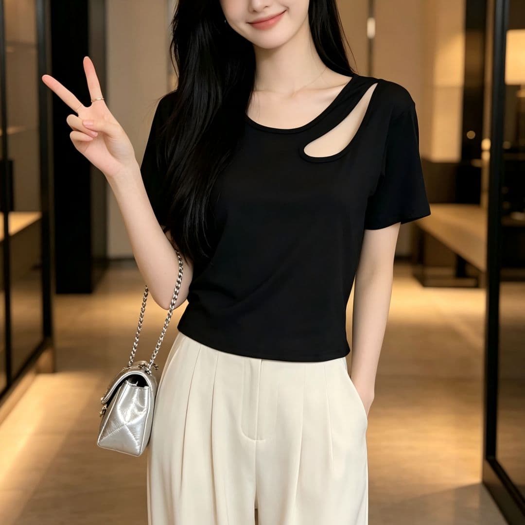 있음 선적 반팔 티셔츠 여성 여름 새로운 한국 스타일 디자인 센스 작은 대중 홀로우 아웃 소녀 몸매 가꾸기 섹시함 다용도 맨위 상세 이미지 7
