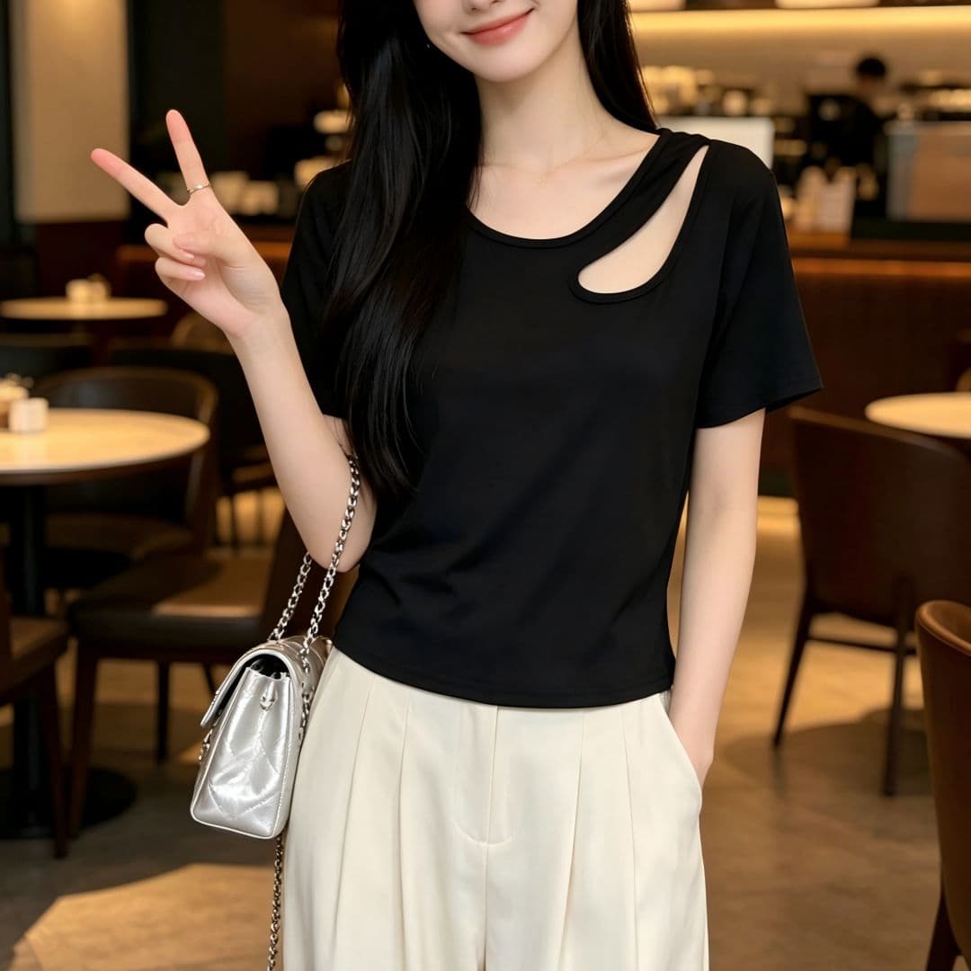있음 선적 반팔 티셔츠 여성 여름 새로운 한국 스타일 디자인 센스 작은 대중 홀로우 아웃 소녀 몸매 가꾸기 섹시함 다용도 맨위 상세 이미지 8