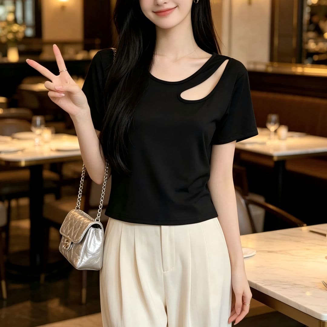 있음 선적 반팔 티셔츠 여성 여름 새로운 한국 스타일 디자인 센스 작은 대중 홀로우 아웃 소녀 몸매 가꾸기 섹시함 다용도 맨위 상세 이미지 10