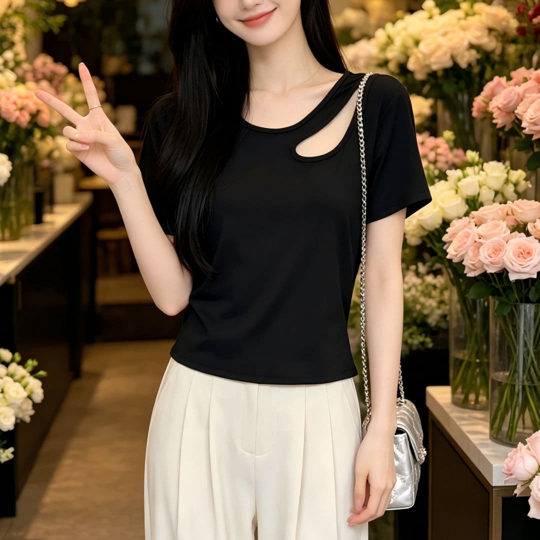 있음 선적 반팔 티셔츠 여성 여름 새로운 한국 스타일 디자인 센스 작은 대중 홀로우 아웃 소녀 몸매 가꾸기 섹시함 다용도 맨위 상세 이미지 11