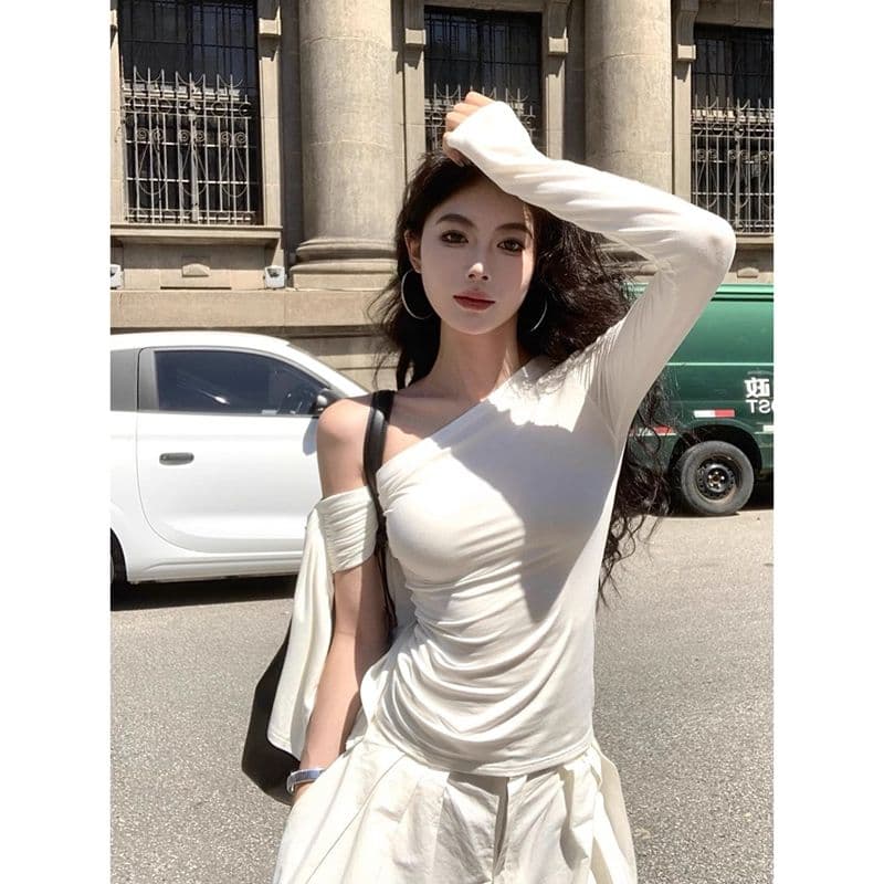 있음 선적 컬러 코튼 리브 불규칙 비스듬한 칼라 오프숄더 티셔츠 여성 이른 가을 몸매 가꾸기 주름 맨위 이미지 2