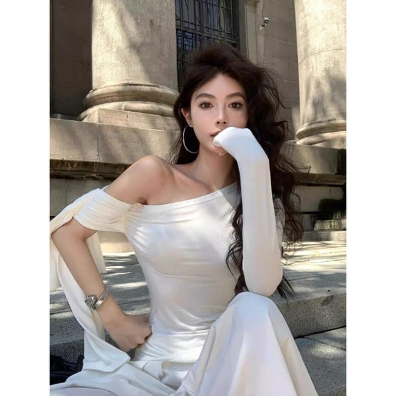 있음 선적 컬러 코튼 리브 불규칙 비스듬한 칼라 오프숄더 티셔츠 여성 이른 가을 몸매 가꾸기 주름 맨위 이미지 3