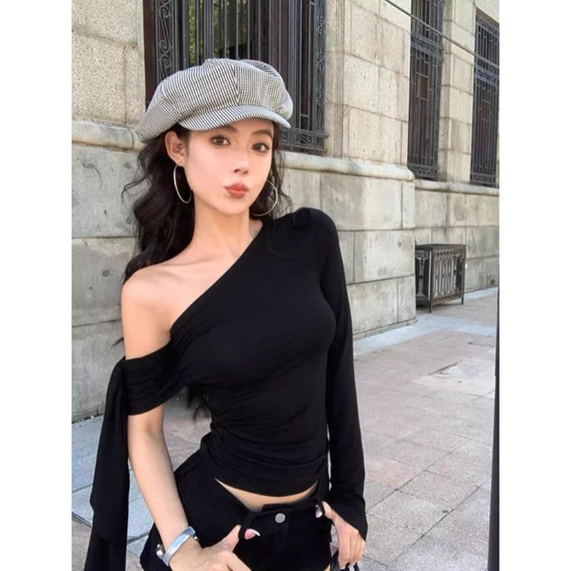있음 선적 컬러 코튼 리브 불규칙 비스듬한 칼라 오프숄더 티셔츠 여성 이른 가을 몸매 가꾸기 주름 맨위 이미지 4