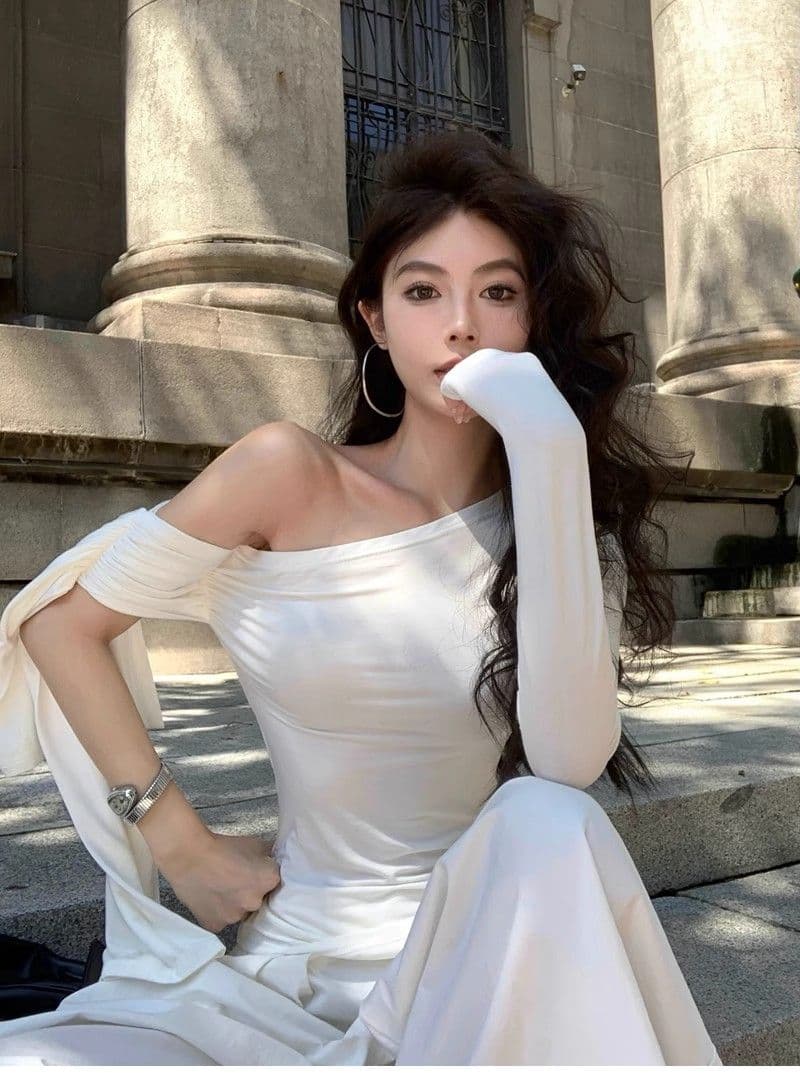 있음 선적 컬러 코튼 리브 불규칙 비스듬한 칼라 오프숄더 티셔츠 여성 이른 가을 몸매 가꾸기 주름 맨위 상세 이미지 4