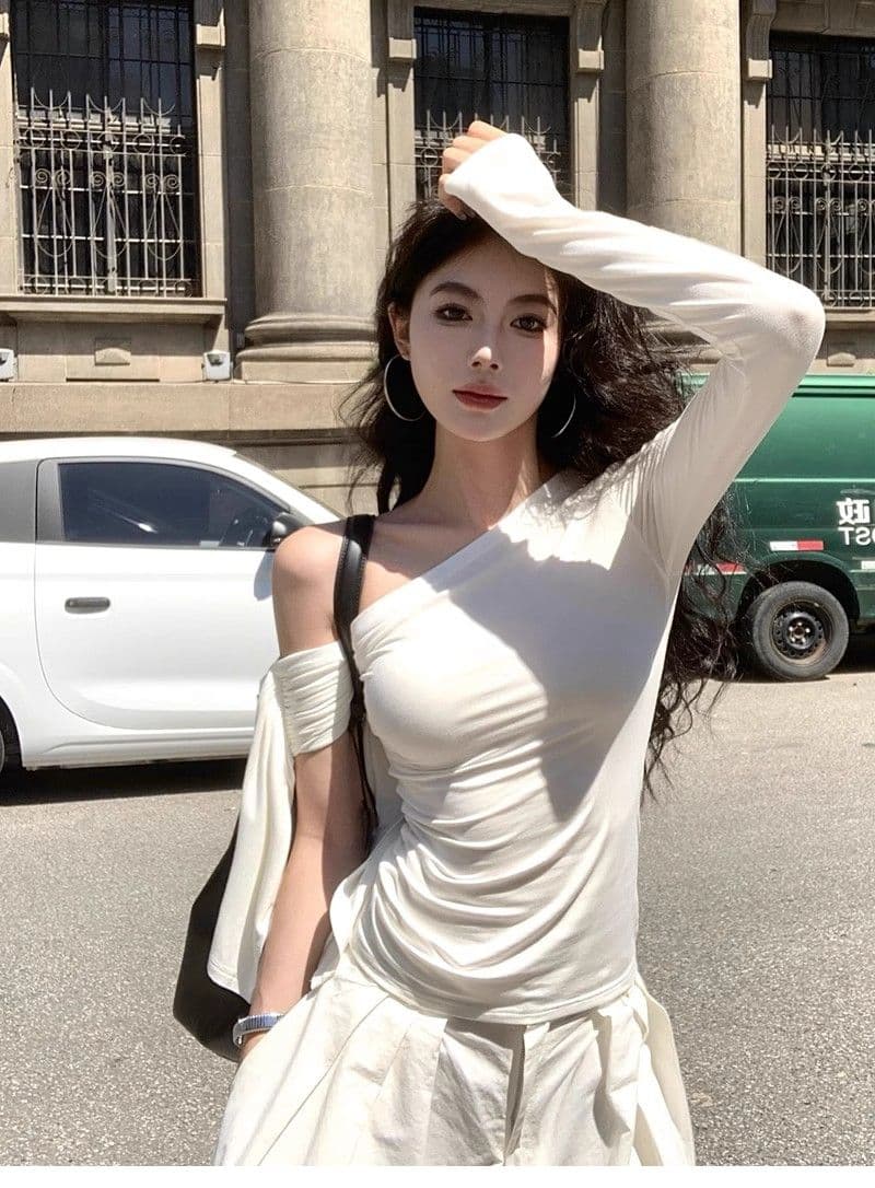있음 선적 컬러 코튼 리브 불규칙 비스듬한 칼라 오프숄더 티셔츠 여성 이른 가을 몸매 가꾸기 주름 맨위 상세 이미지 5