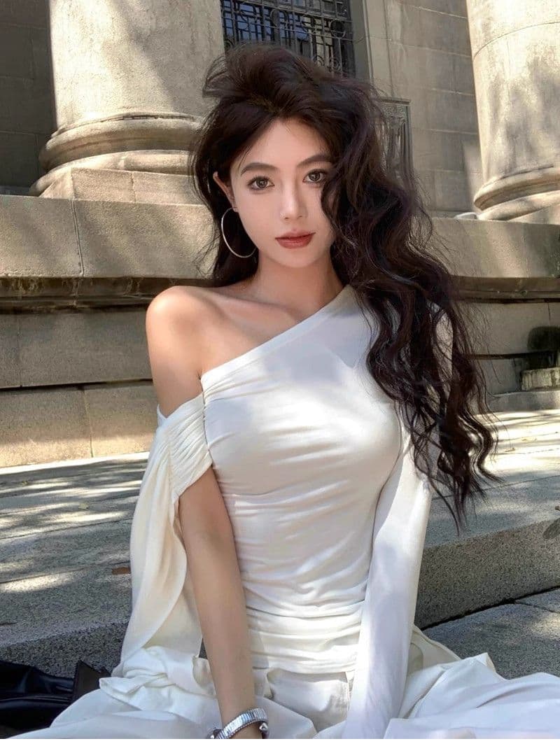 있음 선적 컬러 코튼 리브 불규칙 비스듬한 칼라 오프숄더 티셔츠 여성 이른 가을 몸매 가꾸기 주름 맨위 상세 이미지 7