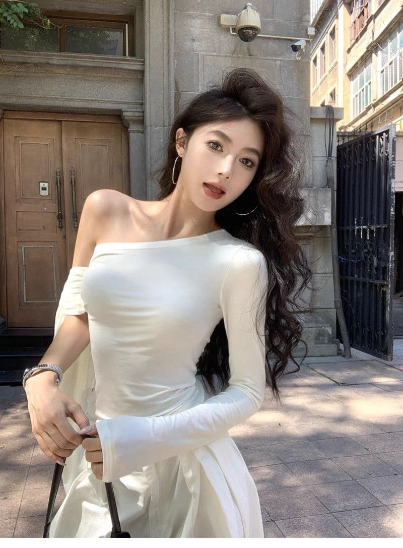 있음 선적 컬러 코튼 리브 불규칙 비스듬한 칼라 오프숄더 티셔츠 여성 이른 가을 몸매 가꾸기 주름 맨위 상세 이미지 8