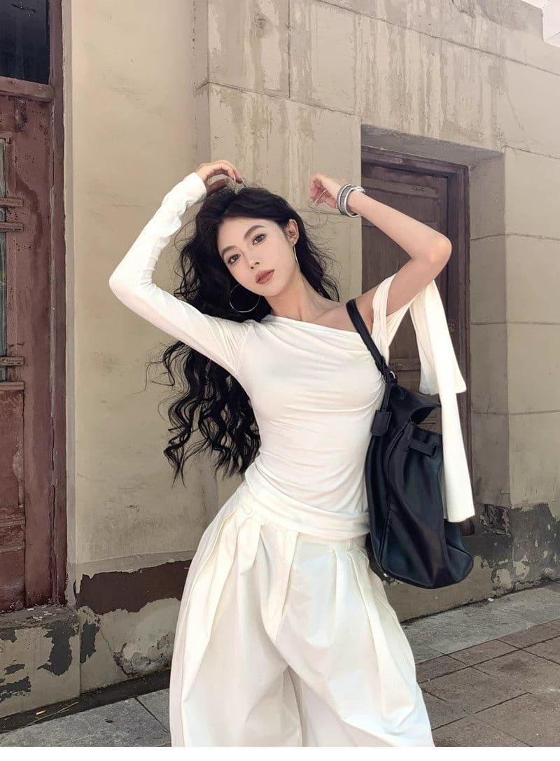 있음 선적 컬러 코튼 리브 불규칙 비스듬한 칼라 오프숄더 티셔츠 여성 이른 가을 몸매 가꾸기 주름 맨위 상세 이미지 10