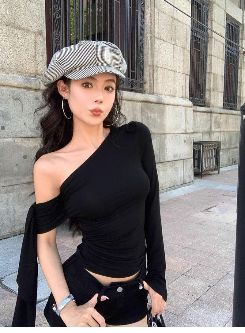 있음 선적 컬러 코튼 리브 불규칙 비스듬한 칼라 오프숄더 티셔츠 여성 이른 가을 몸매 가꾸기 주름 맨위 상세 이미지 11