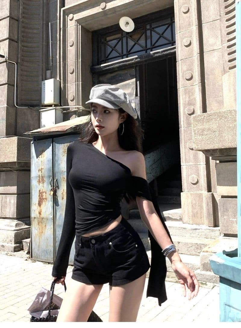 있음 선적 컬러 코튼 리브 불규칙 비스듬한 칼라 오프숄더 티셔츠 여성 이른 가을 몸매 가꾸기 주름 맨위 상세 이미지 13