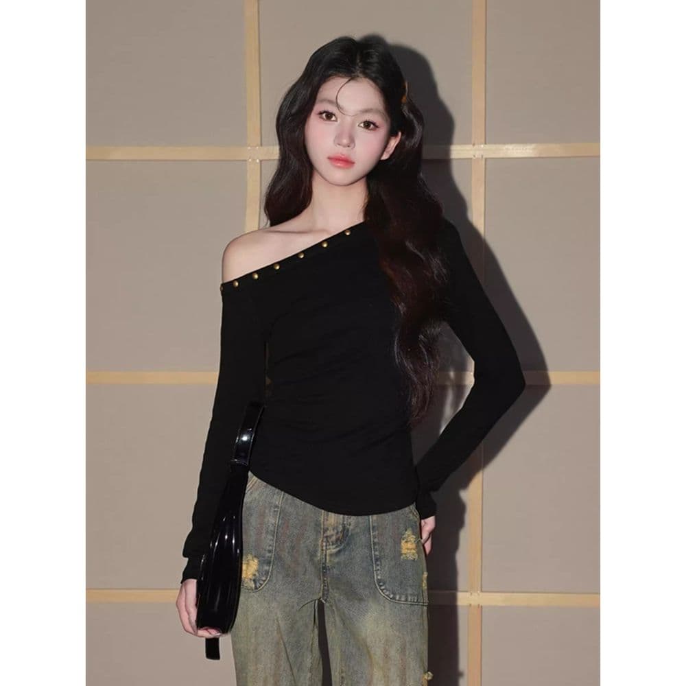 있음 선적 경관 그림 원본 품질 비스듬한 어깨 징 긴팔 티셔츠 여성 핫걸 몸매 가꾸기 기본 셔츠 맨위 이미지 2