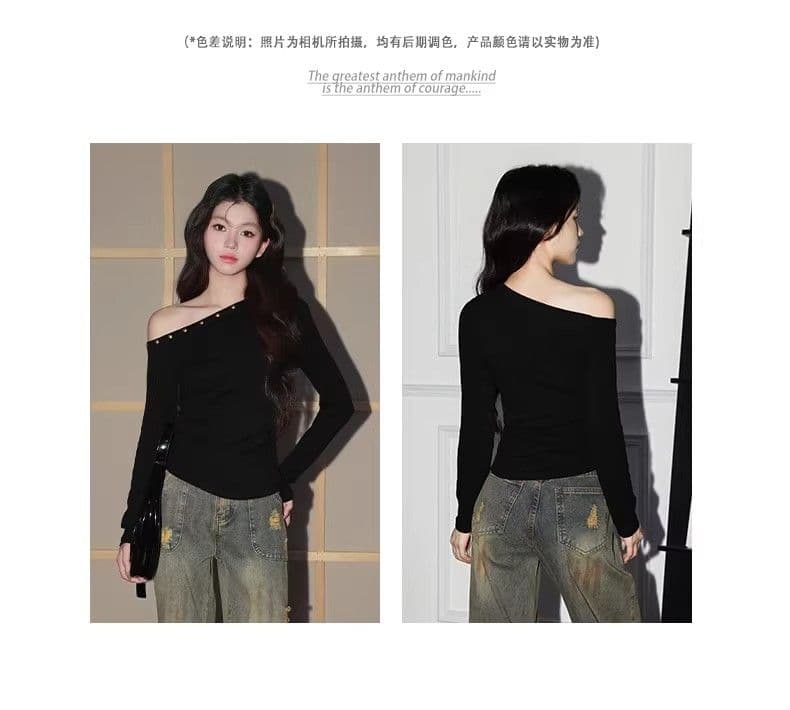 있음 선적 경관 그림 원본 품질 비스듬한 어깨 징 긴팔 티셔츠 여성 핫걸 몸매 가꾸기 기본 셔츠 맨위 상세 이미지 4