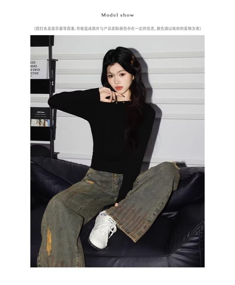 있음 선적 경관 그림 원본 품질 비스듬한 어깨 징 긴팔 티셔츠 여성 핫걸 몸매 가꾸기 기본 셔츠 맨위 상세 이미지 5