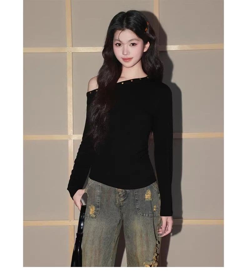 있음 선적 경관 그림 원본 품질 비스듬한 어깨 징 긴팔 티셔츠 여성 핫걸 몸매 가꾸기 기본 셔츠 맨위 상세 이미지 6