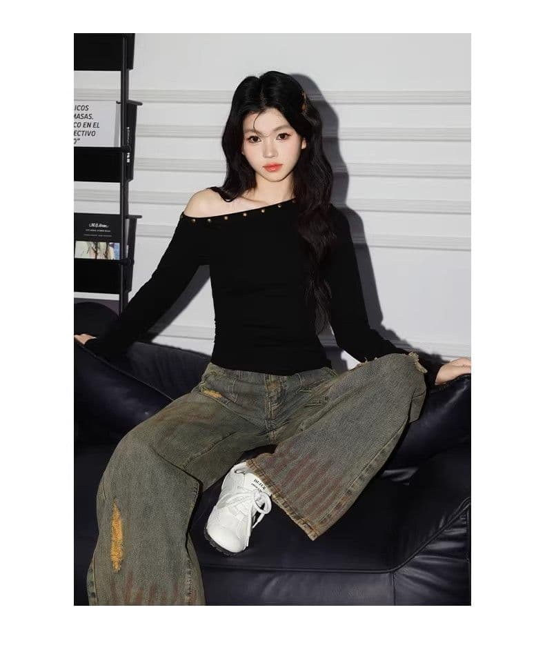 있음 선적 경관 그림 원본 품질 비스듬한 어깨 징 긴팔 티셔츠 여성 핫걸 몸매 가꾸기 기본 셔츠 맨위 상세 이미지 7