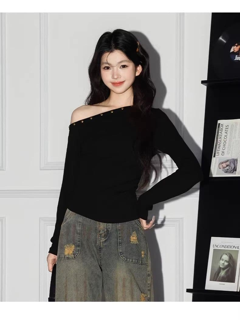 있음 선적 경관 그림 원본 품질 비스듬한 어깨 징 긴팔 티셔츠 여성 핫걸 몸매 가꾸기 기본 셔츠 맨위 상세 이미지 8