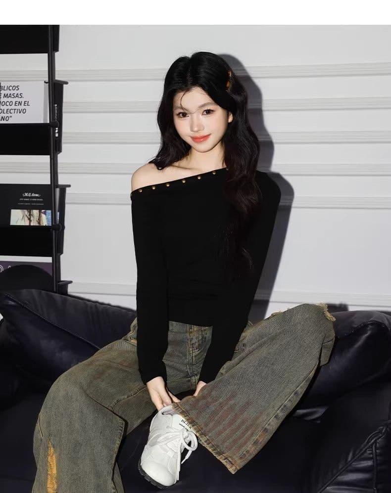 있음 선적 경관 그림 원본 품질 비스듬한 어깨 징 긴팔 티셔츠 여성 핫걸 몸매 가꾸기 기본 셔츠 맨위 상세 이미지 11