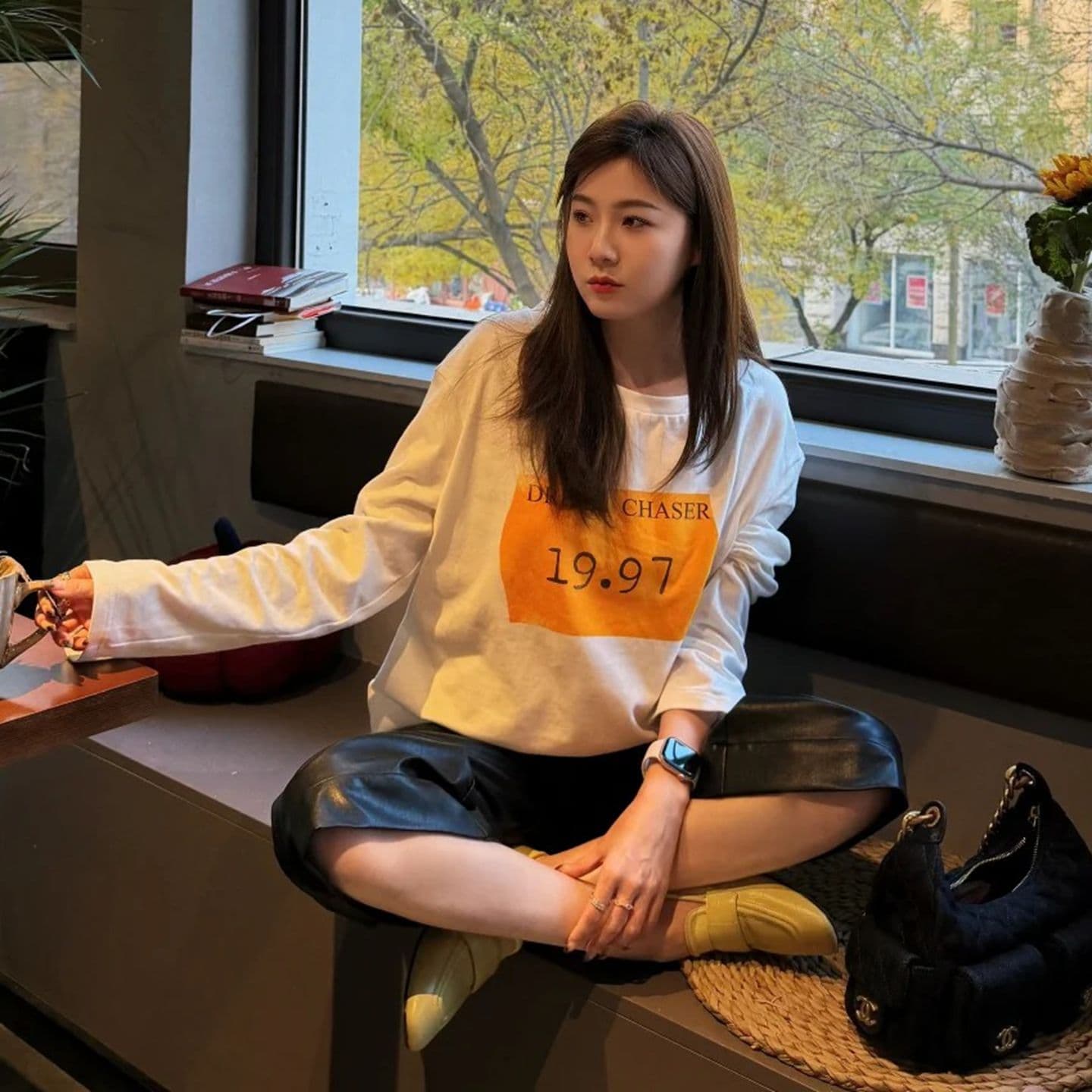 있음 선적 경관 그림 리브 De 플러시 긴팔 티셔츠 여성 가을 새로운 인사이드 가져 가라. 루즈핏 기본 셔츠 비스듬한 어깨 상세 이미지 9