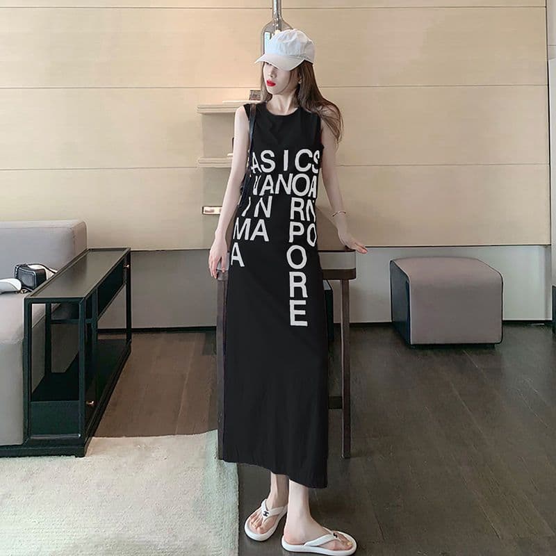 있음 선적 여름 새로운 민소매 알파벳 트임 롱 코트 한국 스타일 여성 드레스 루즈핏 느긋한 바람 무릎 아래 롱 스커트 이미지 4