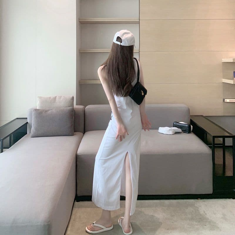 있음 선적 여름 새로운 민소매 알파벳 트임 롱 코트 한국 스타일 여성 드레스 루즈핏 느긋한 바람 무릎 아래 롱 스커트 상세 이미지 11