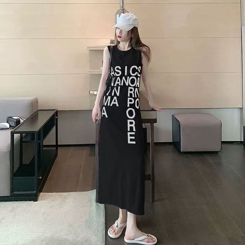 있음 선적 여름 새로운 민소매 알파벳 트임 롱 코트 한국 스타일 여성 드레스 루즈핏 느긋한 바람 무릎 아래 롱 스커트 상세 이미지 17