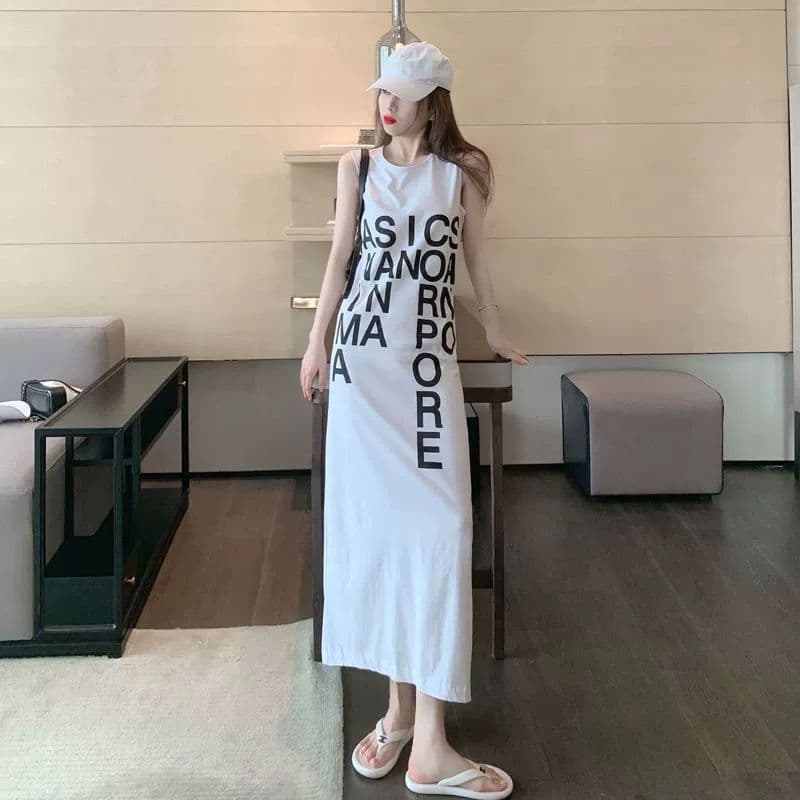 있음 선적 여름 새로운 민소매 알파벳 트임 롱 코트 한국 스타일 여성 드레스 루즈핏 느긋한 바람 무릎 아래 롱 스커트 상세 이미지 18