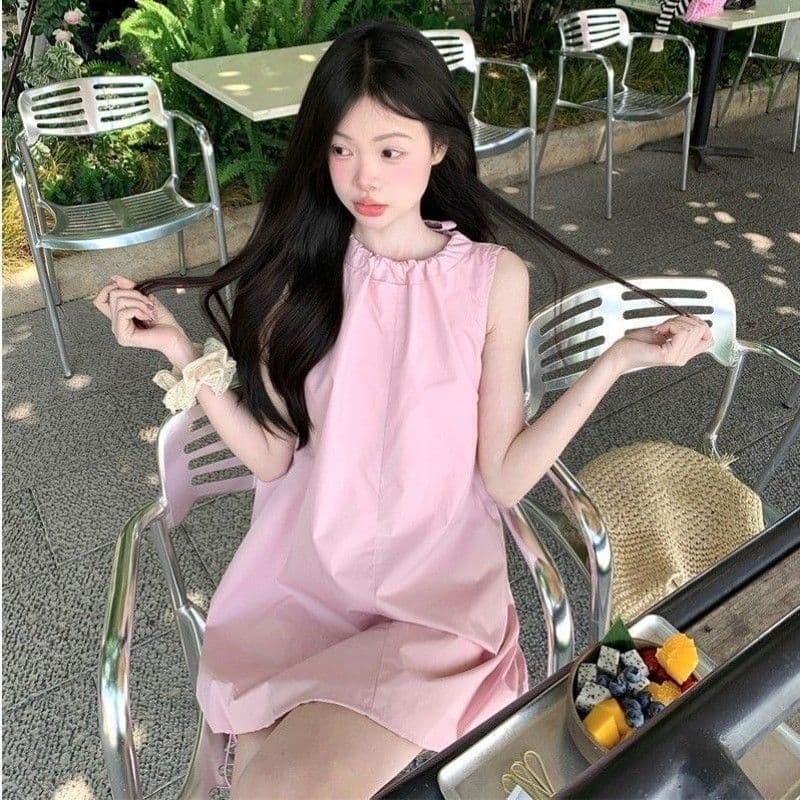 있음 선적 연령 감소 디자인 센스 핑크색 레이스업 여성 드레스 여름 새로운 단색 꽃밭 치마 미니 스커트 트렌디 이미지 3