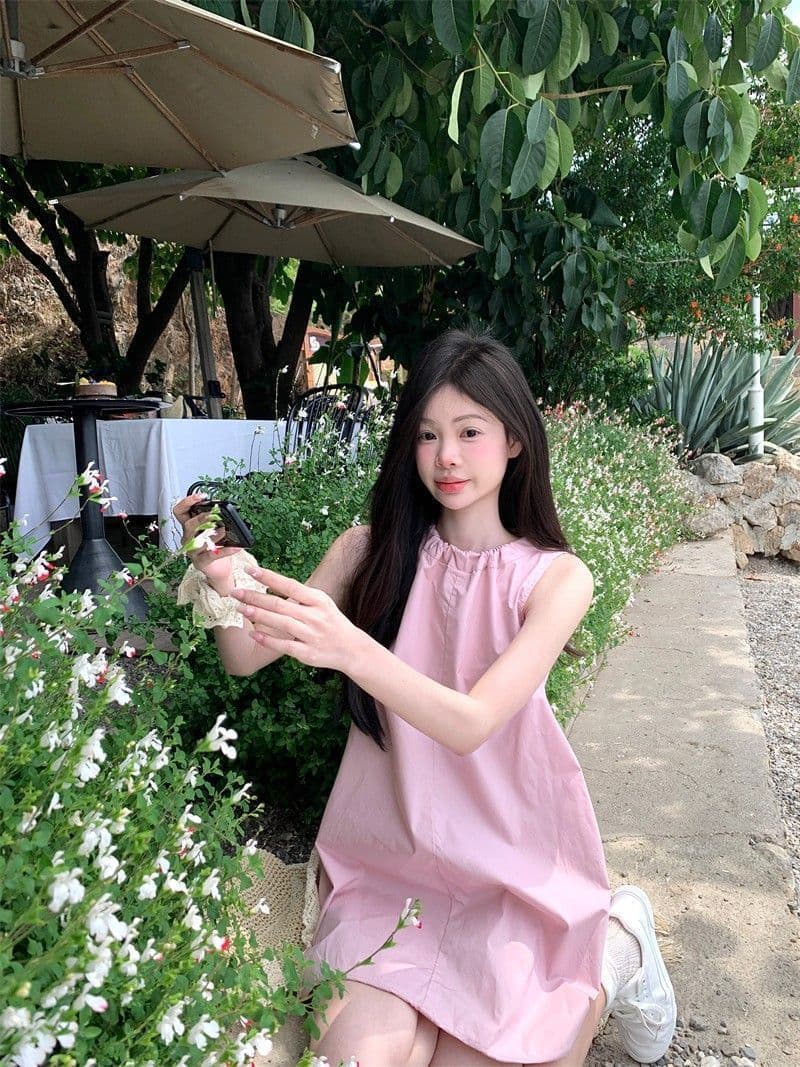 있음 선적 연령 감소 디자인 센스 핑크색 레이스업 여성 드레스 여름 새로운 단색 꽃밭 치마 미니 스커트 트렌디 상세 이미지 3