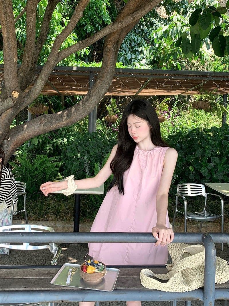 있음 선적 연령 감소 디자인 센스 핑크색 레이스업 여성 드레스 여름 새로운 단색 꽃밭 치마 미니 스커트 트렌디 상세 이미지 4