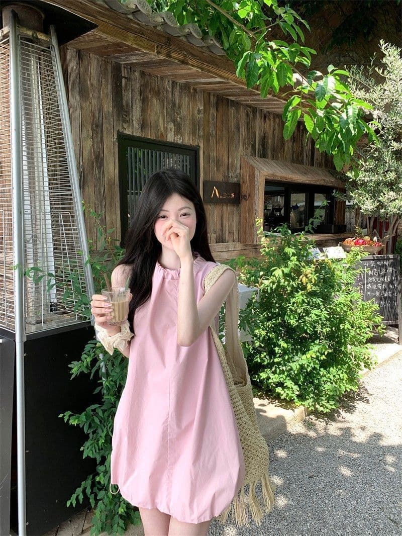 있음 선적 연령 감소 디자인 센스 핑크색 레이스업 여성 드레스 여름 새로운 단색 꽃밭 치마 미니 스커트 트렌디 상세 이미지 6